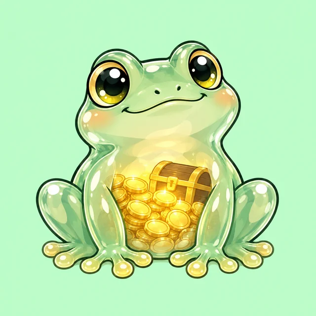 Glassy, a translucent glass frog with gold coins and a treasure chest visible inside its belly